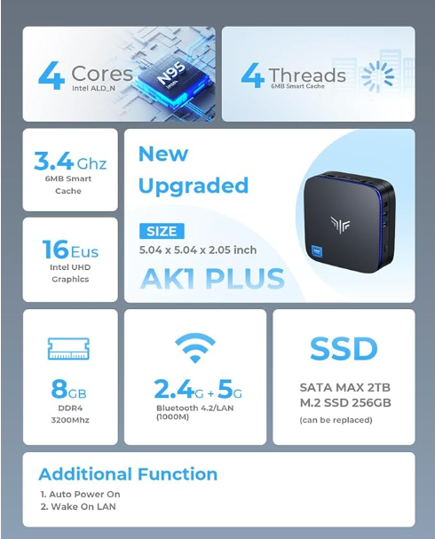 NiPoGi AK1 Plus Mini PC Intel 12TH Alder Lake-N95(hasta 3.4GHz,15W), 8GB DDR4 256GB M.2 SSD